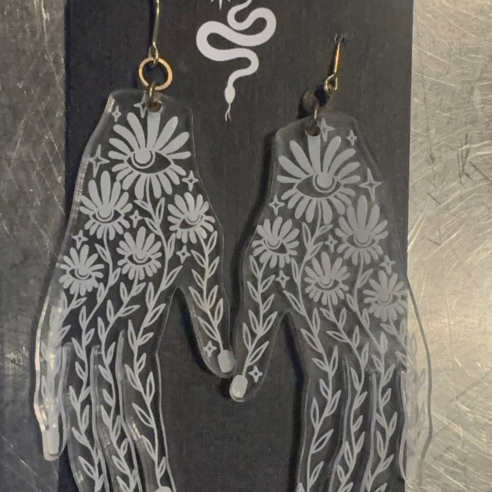 While Odin Sleeps Lucite Hand Earrings NWT - Picture 3 of 6